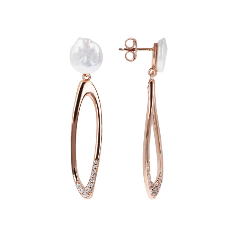Boucles d'oreilles pendantes ovales avec zircons cubiques et perle d'eau douce blanche Ø 9/10 mm