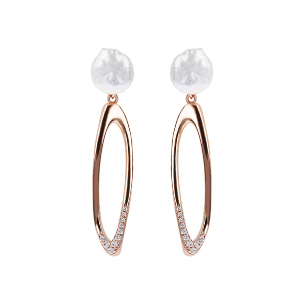 Boucles d'oreilles pendantes ovales avec zircons cubiques et perle d'eau douce blanche Ø 9/10 mm