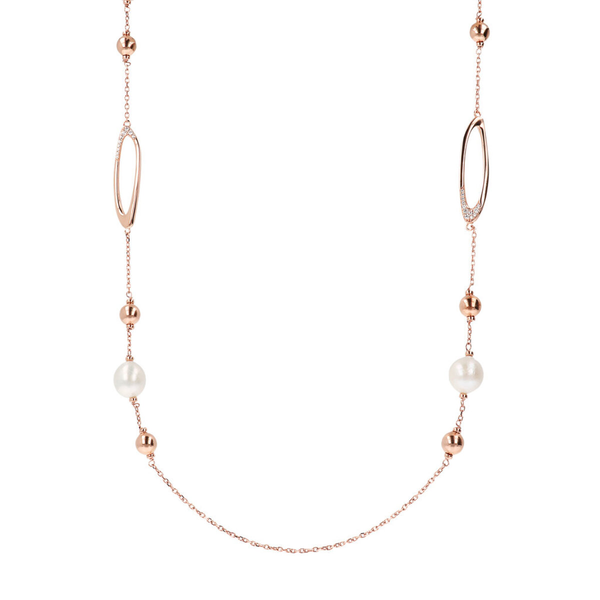 Long Rolo Chain Necklace with Oval Details and Freshwater Cultured Pearls