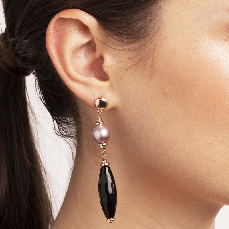 Pendant Earrings with Black Onyx and Pink Freshwater Cultured Ming Pearl