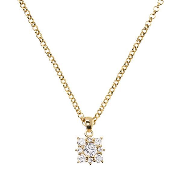Golden Rolo Chain Necklace with Cubic Zirconia Flower Pendant