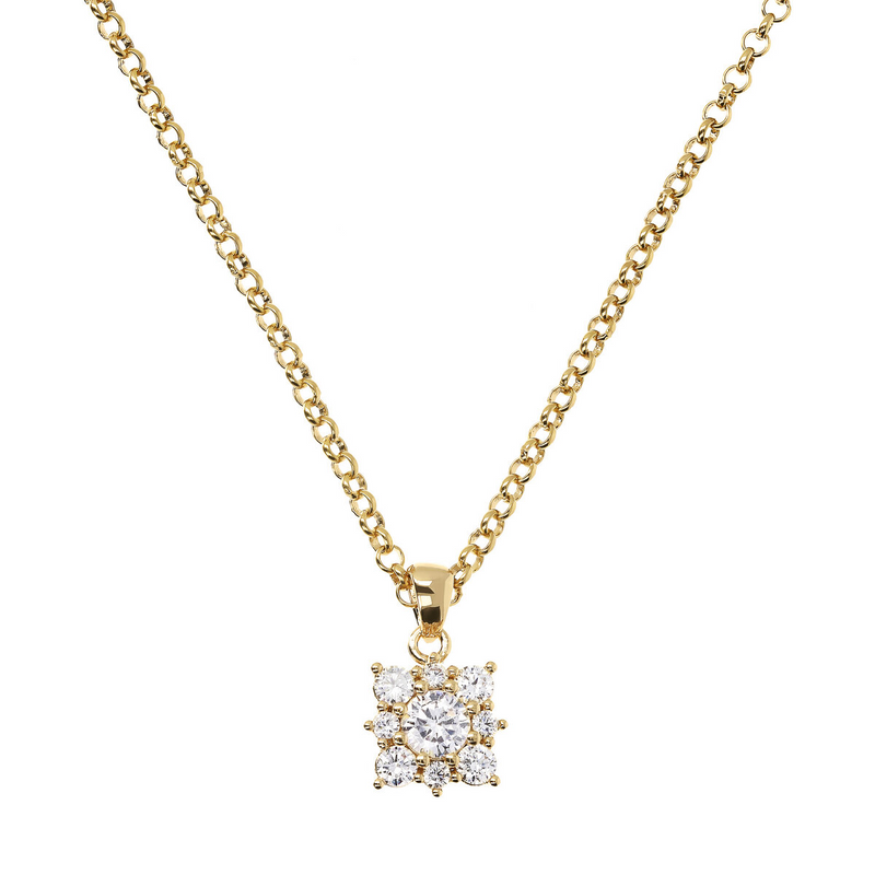 Golden Rolo Chain Necklace with Cubic Zirconia Flower Pendant