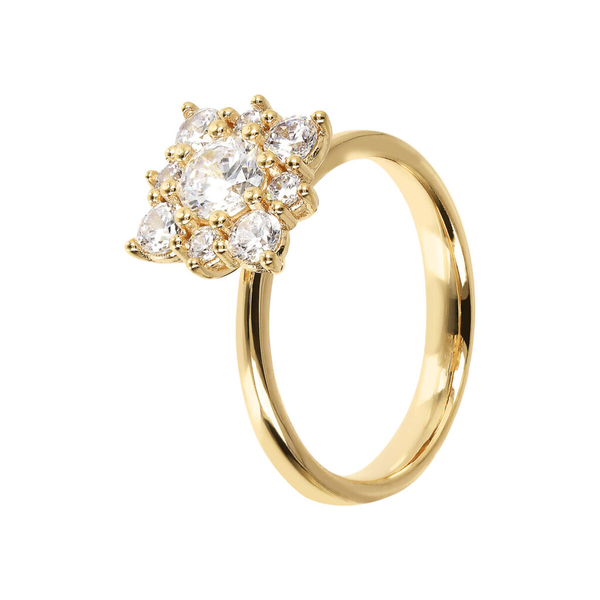Golden Solitaire Ring with Cubic Zirconia Flower