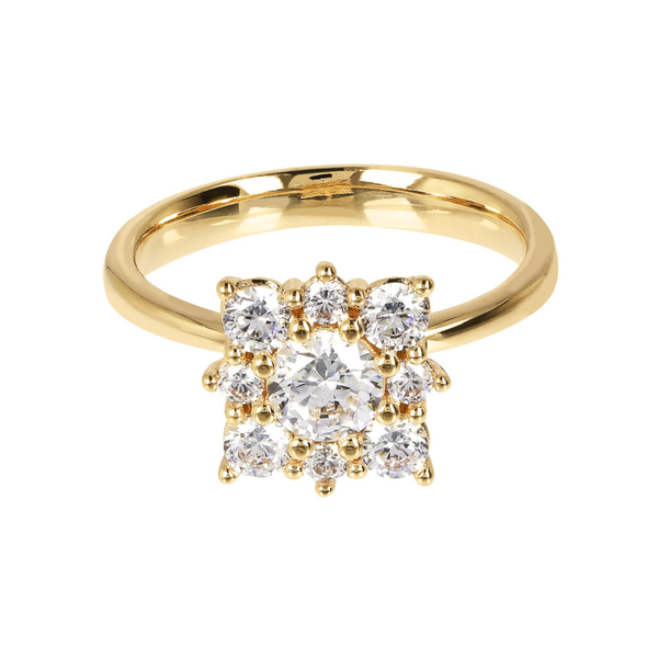 Golden Solitaire Ring with Cubic Zirconia Flower