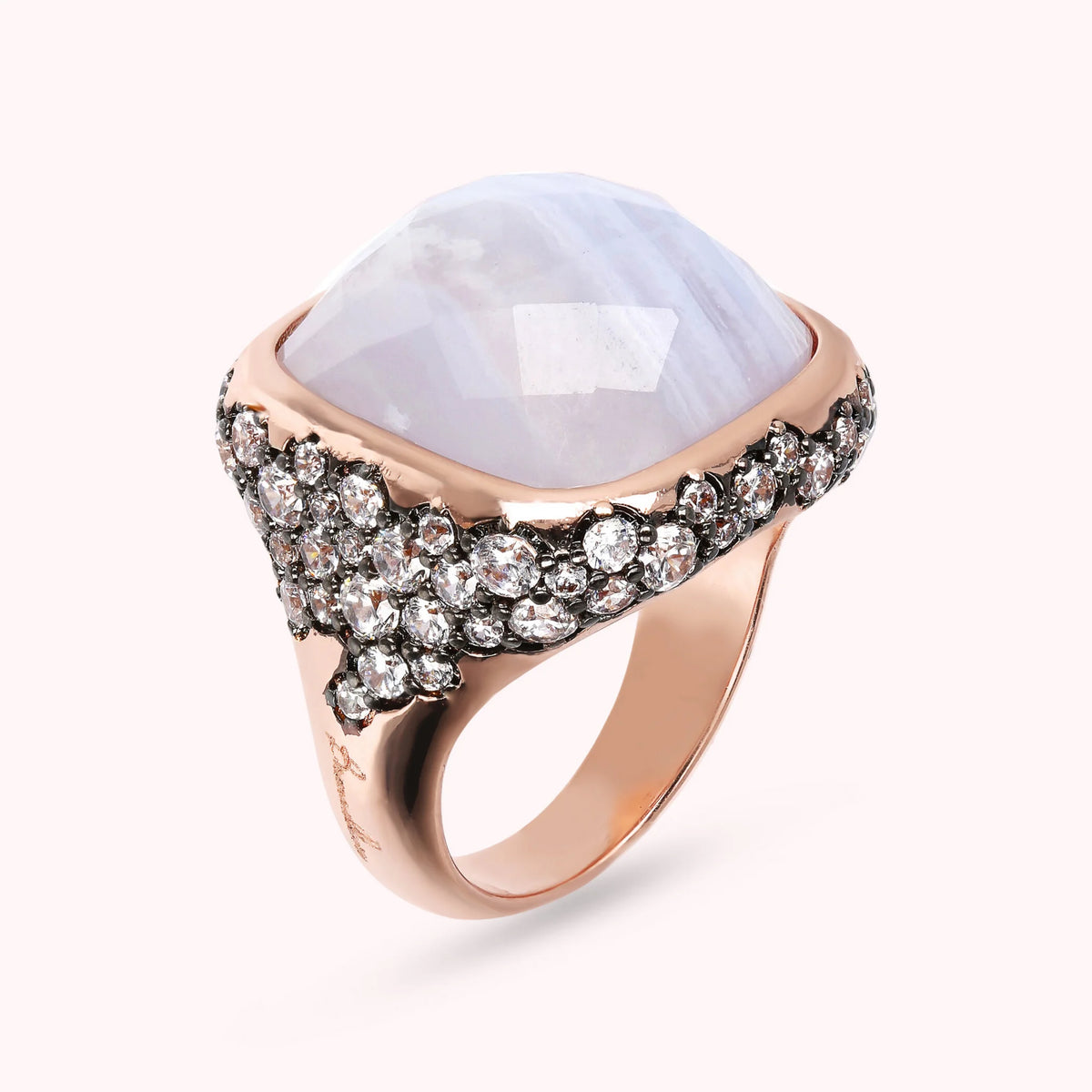 Faceted Square Stone and Pavé Ring
