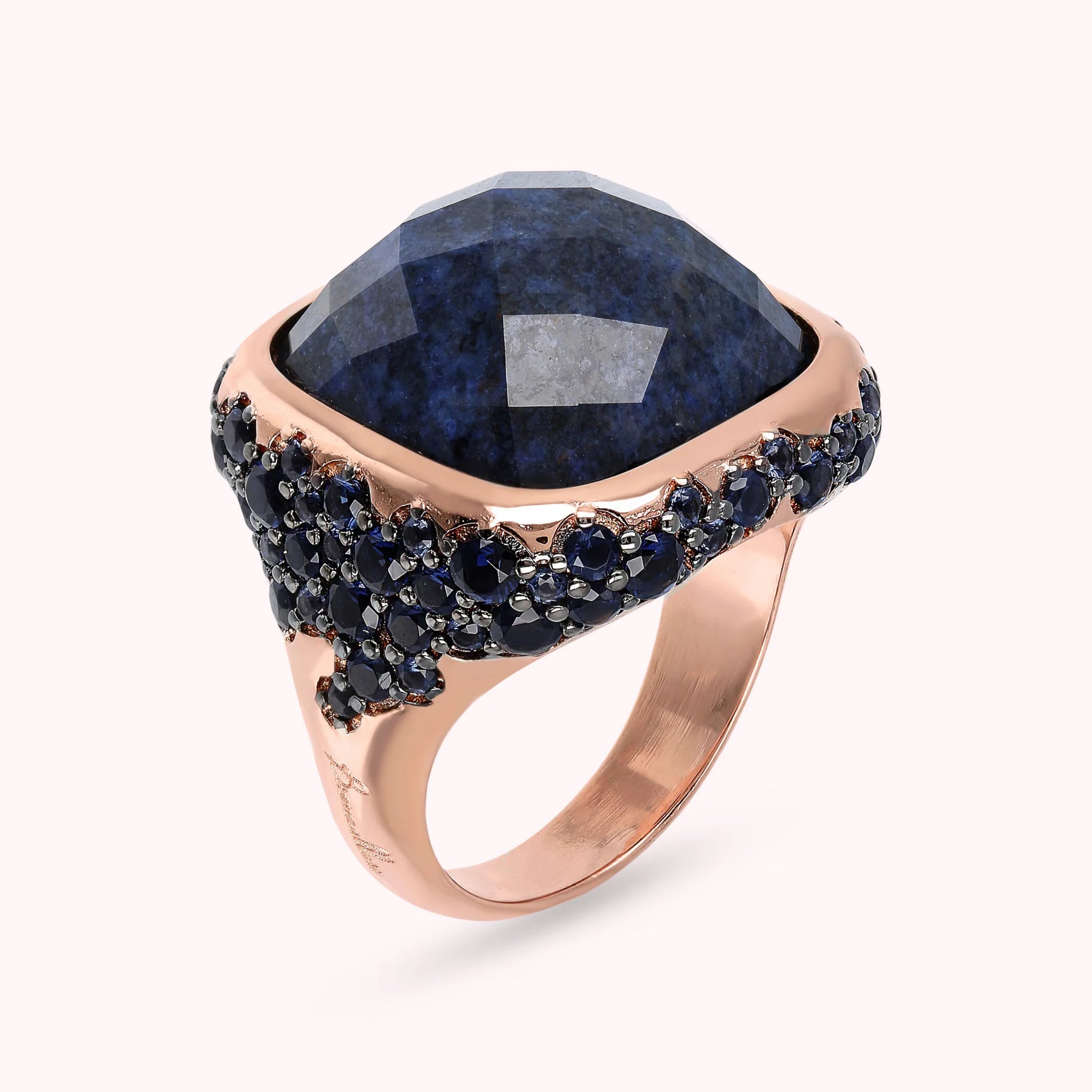 Faceted Square Stone and Pavé Ring
