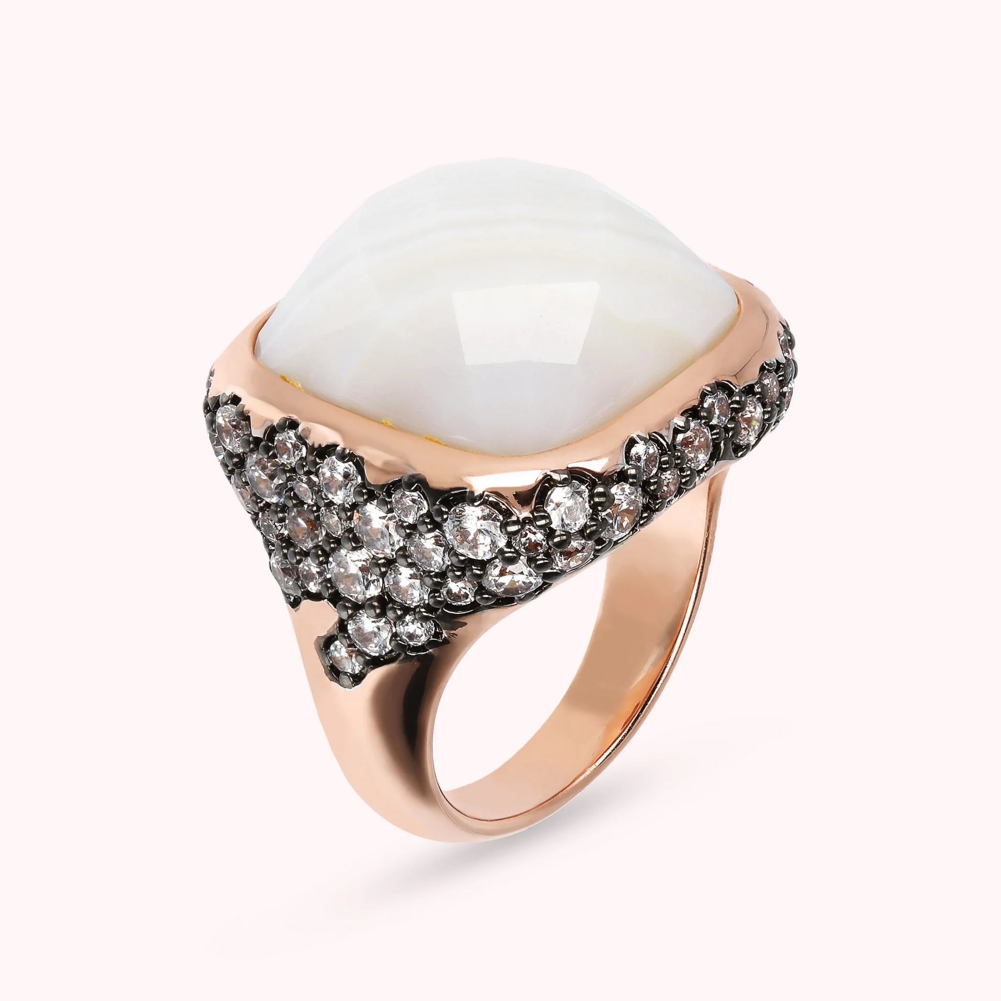 Faceted Square Stone and Pavé Ring