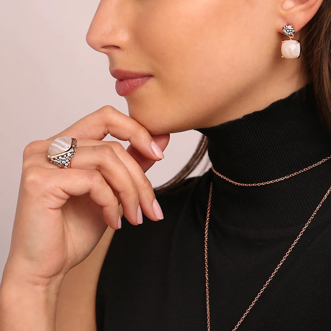 Faceted Square Stone and Pavé Ring