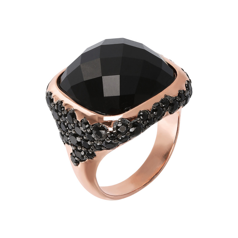 Chevalier Ring with Faceted Square Natural Stone and Pavé