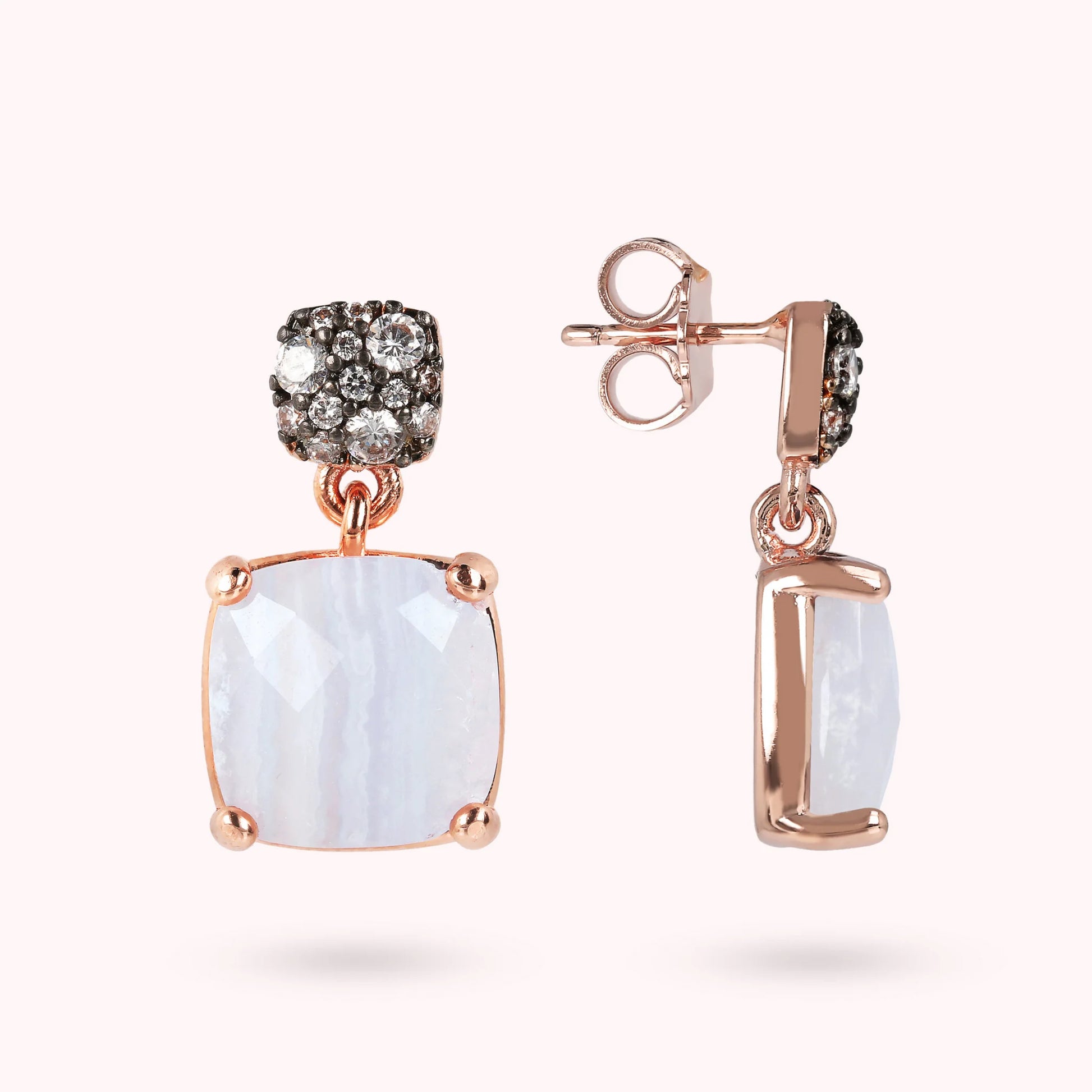 Hängende Ohrringe mit facettiertem, quadratischem Naturstein und Pavé