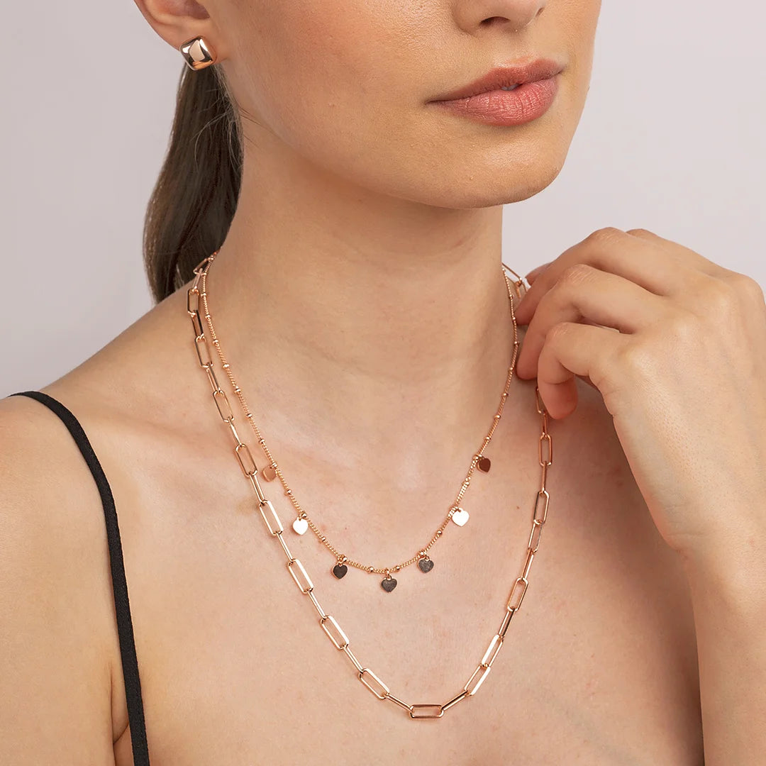 Mehrreihige Halskette mit Forzatina-Kette und Rosenkranz mit Herz-Anhängern  