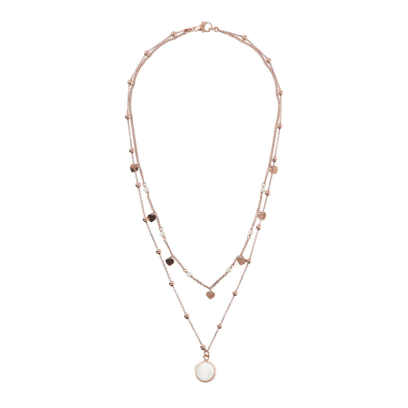 Multi-strand Double Rosary Necklace with Pendant in Flat Natural Stone