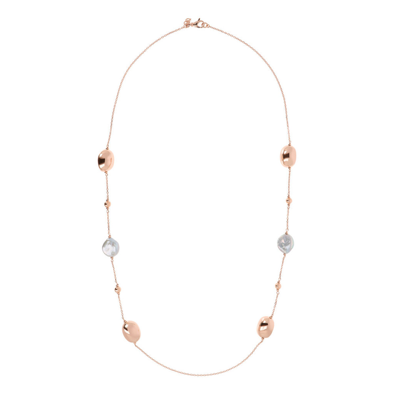 Lange Halskette mit Süßwasser-Zuchtperlen und glänzenden Golden Rosé-Nuggets Ø 17 mm