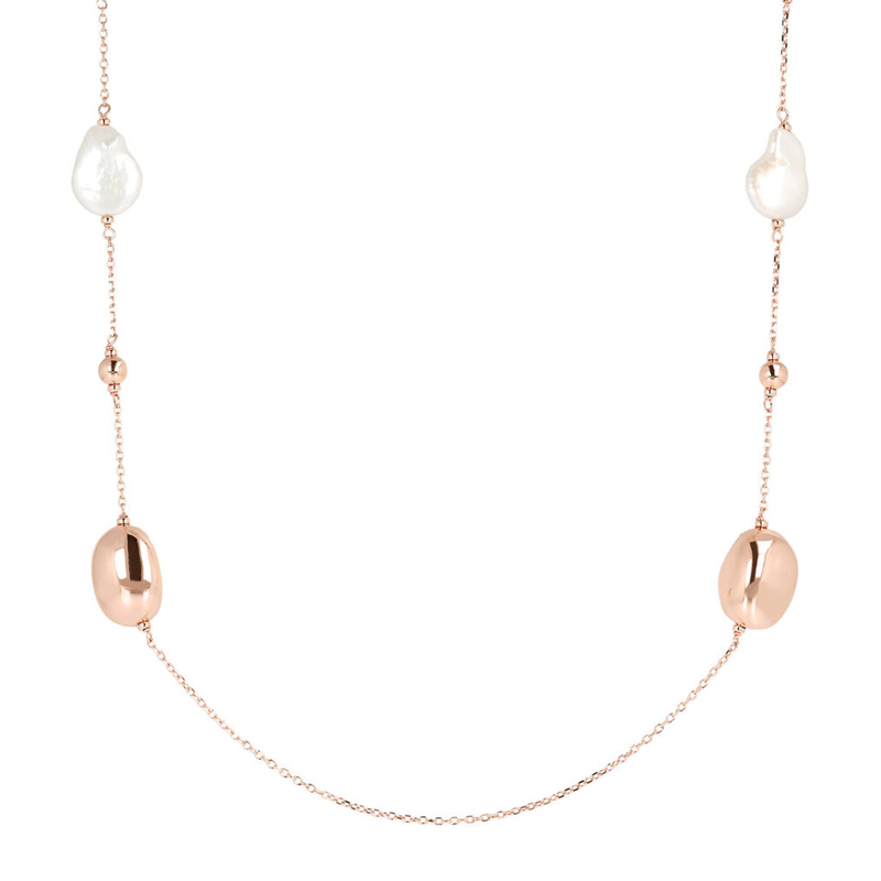 Lange Halskette mit Süßwasser-Zuchtperlen und glänzenden Golden Rosé-Nuggets Ø 17 mm