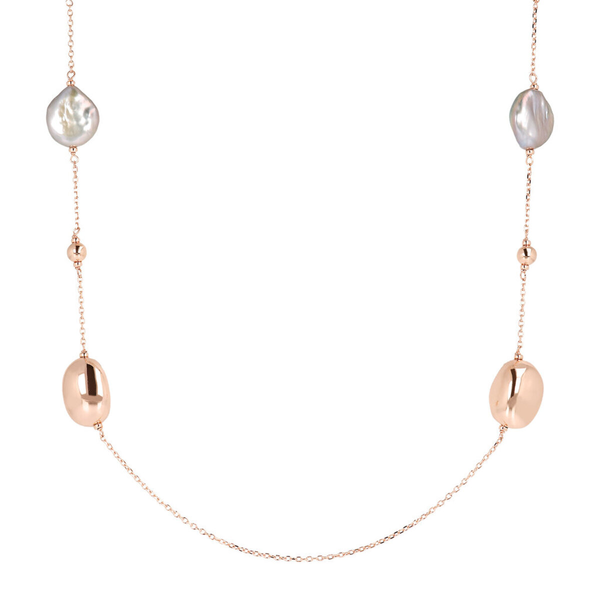 Long Necklace with Freshwater Cultured Pearls and Shiny Nuggets in Golden Rosé