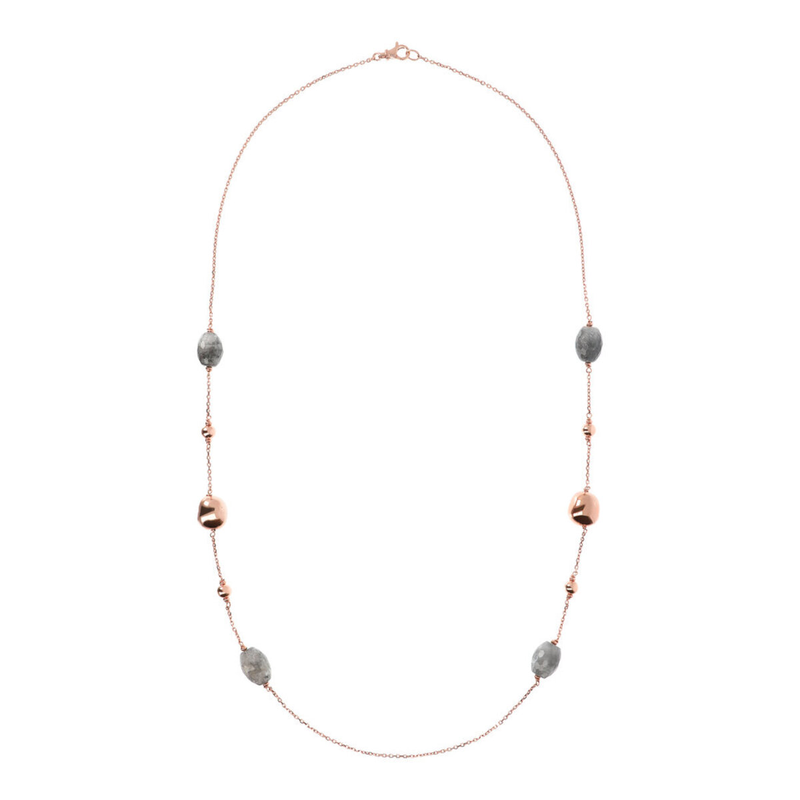 Long Necklace with Gray Quartz and Golden Rosé Nuggets