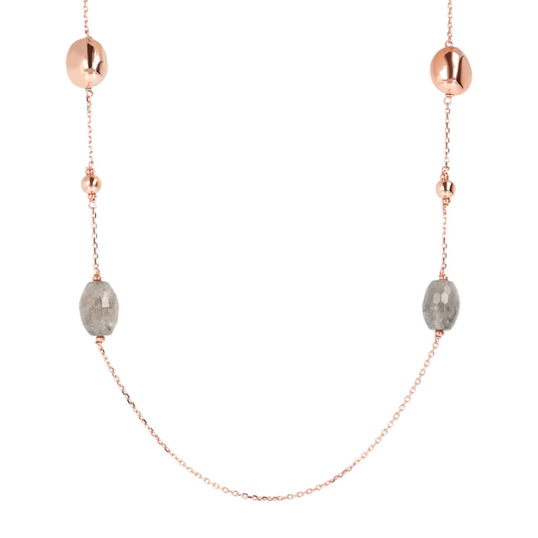 Lange Halskette mit grauem Quarz und Golden Rosé-Nuggets