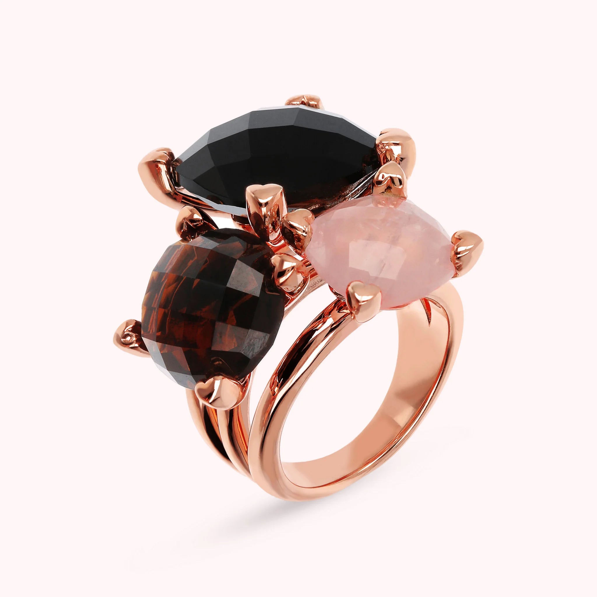 Anello Trilogy con Pietre Naturali e Castoni a Cuore
