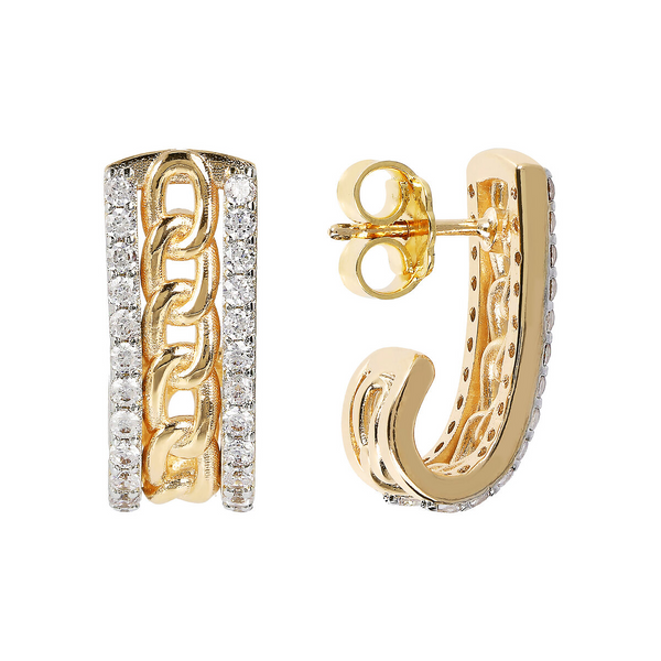 Golden Stud Earrings with Chain Link and Cubic Zirconia