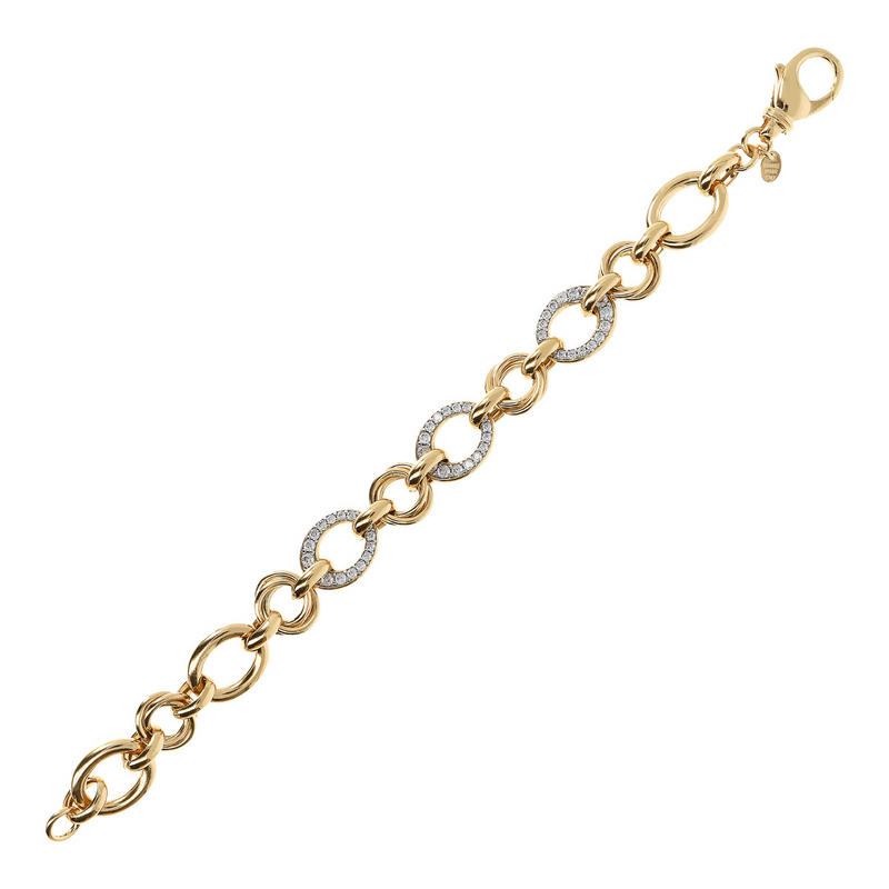 Golden Bracelet with Alternating Round Links and Pavé Elements in Cubic Zirconia