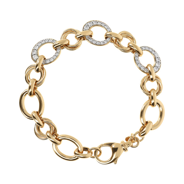 Golden Bracelet with Alternating Round Links and Pavé Elements in Cubic Zirconia