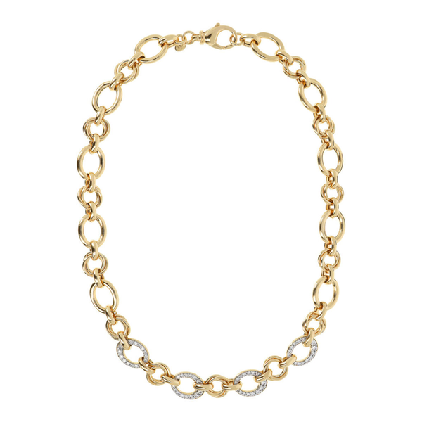 Golden Rolo Chain Necklace with Pavé Elements in Cubic Zirconia