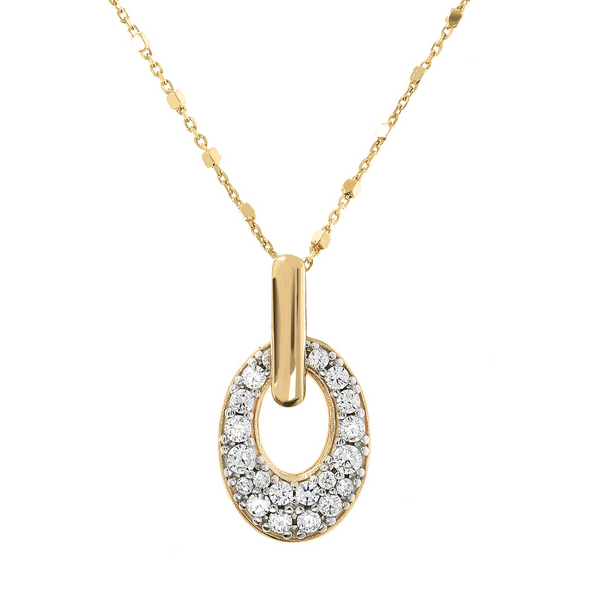Golden Necklace with Oval Pavé Pendant in Cubic Zirconia