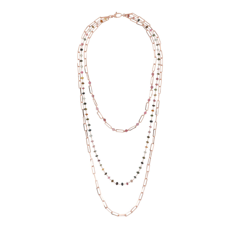 Abgestufte mehrsträngige Halskette mit Rosenkranzkette mit Natursteinen und Gliederkette