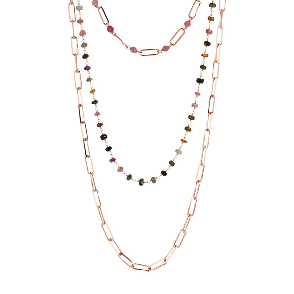 Abgestufte mehrsträngige Halskette mit Rosenkranzkette mit Natursteinen und Gliederkette