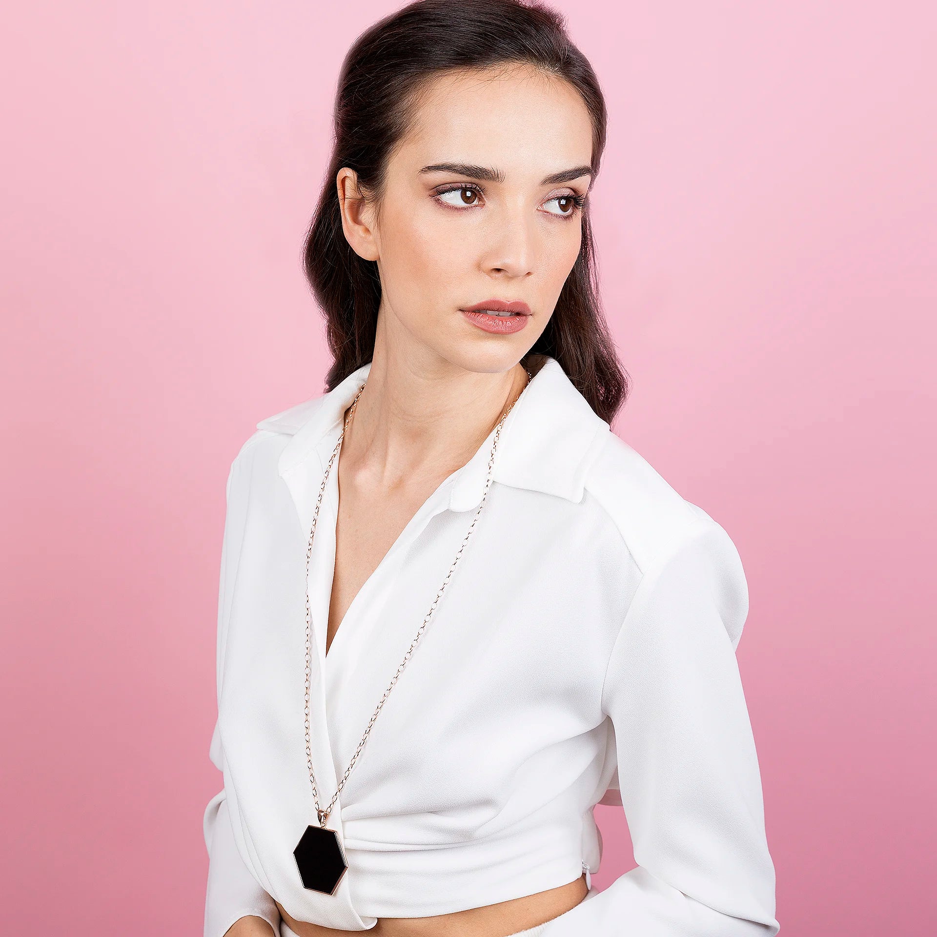 Long Rolo Chain Necklace with Large Hexagon Pendant in Natural Stone