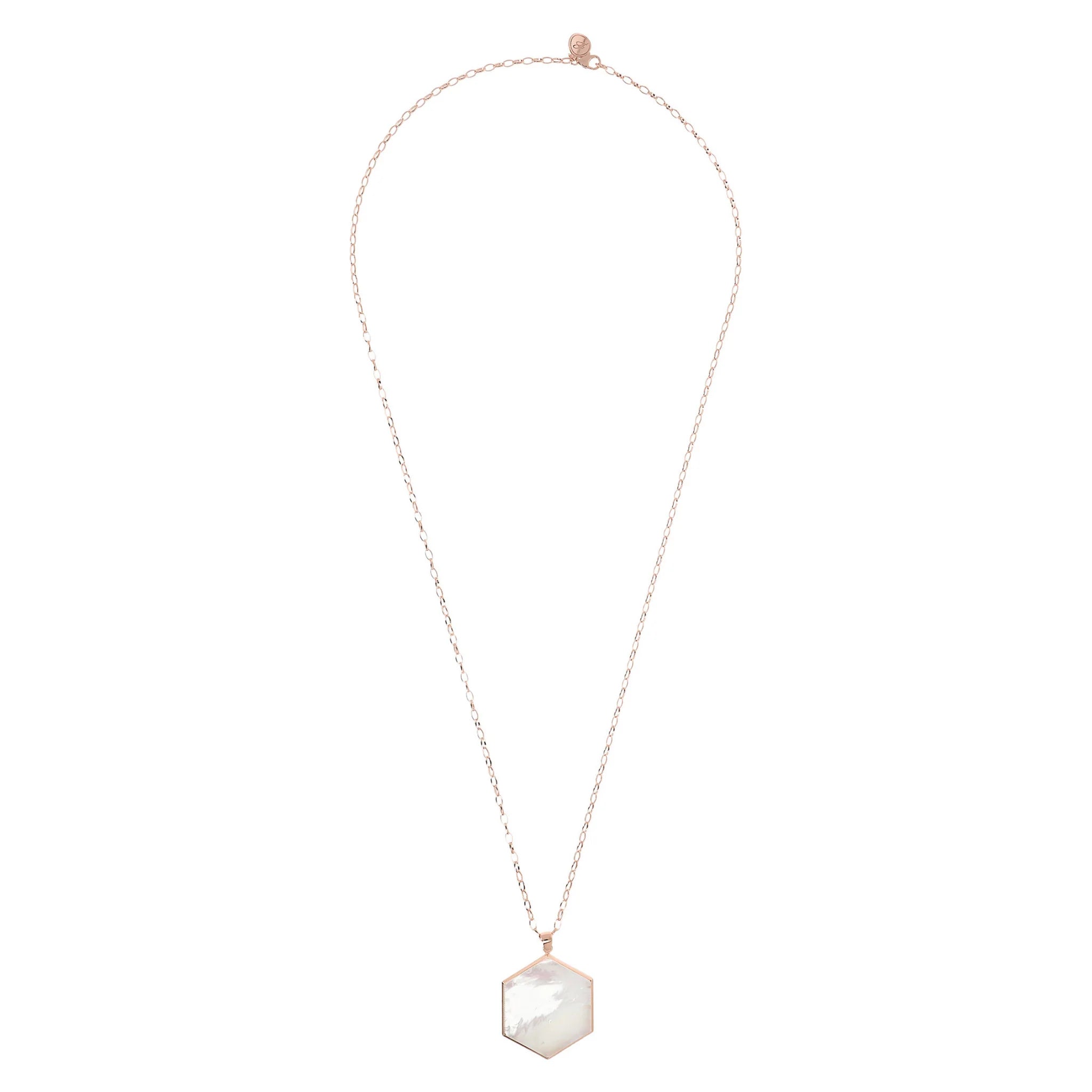 Collana Lunga Catena Rolo con Pendente Esagono Grande in Pietra Naturale