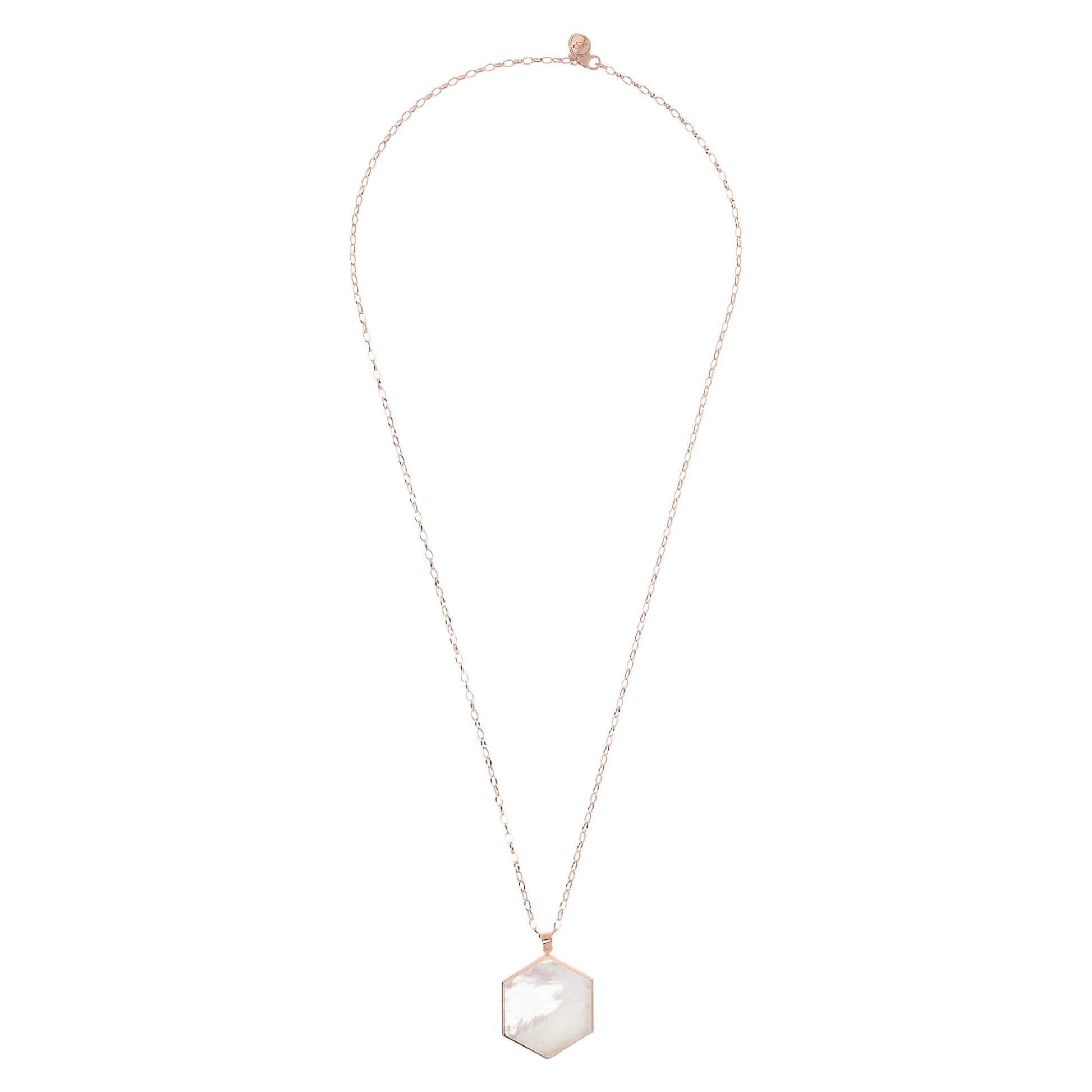 Long Rolo Chain Necklace with Large Hexagon Pendant in Natural Stone