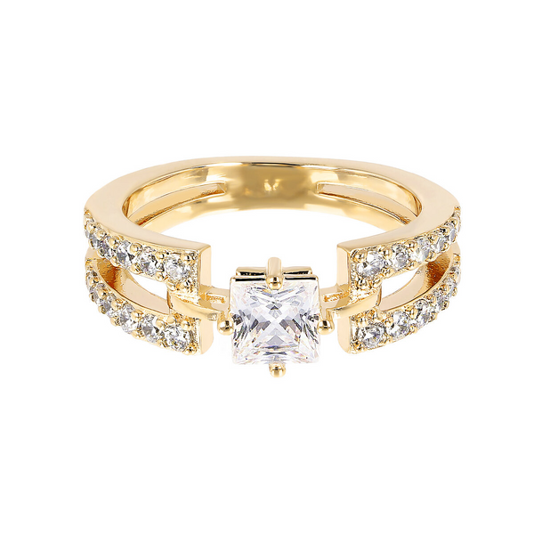Golden Double Strand Solitaire Ring with Cubic Zirconia