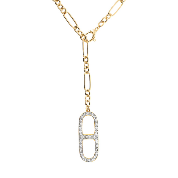 Golden Tie Necklace with Pavé Navy Chain Element in Cubic Zirconia