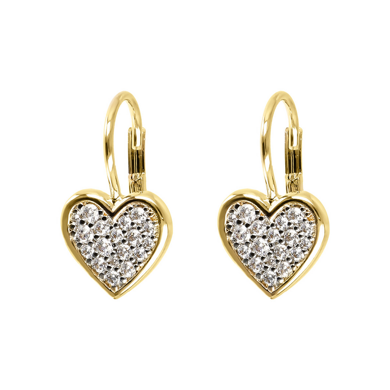 Golden Pendant Earrings with Heart in Cubic Zirconia