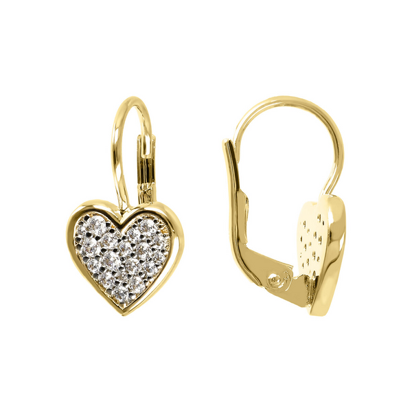 Golden Pendant Earrings with Heart in Cubic Zirconia