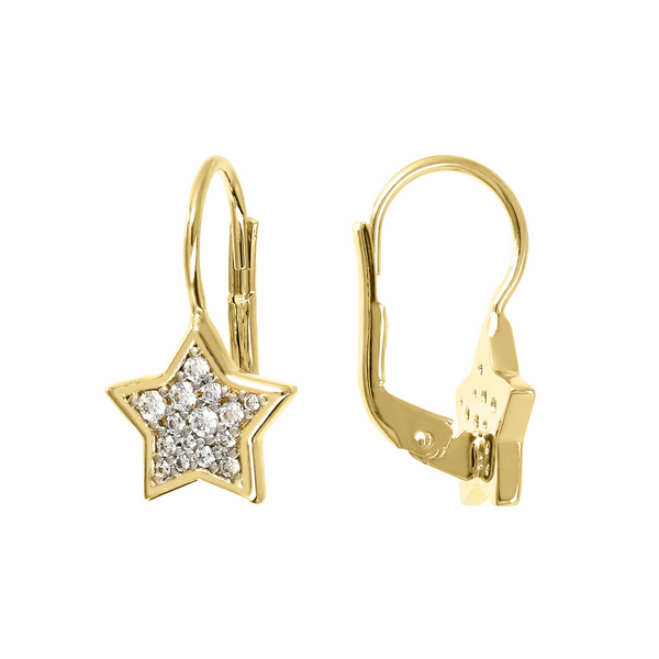 Golden Pendant Earrings with Pavé Star in Cubic Zirconia