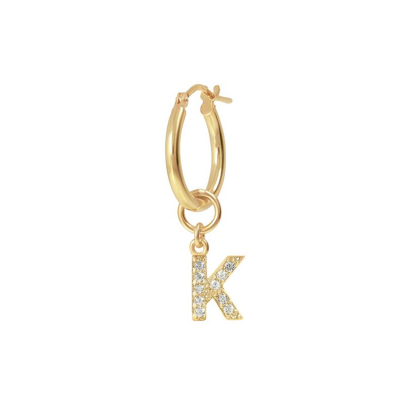 Golden Pendant Earring with Pavé Letter in Cubic Zirconia