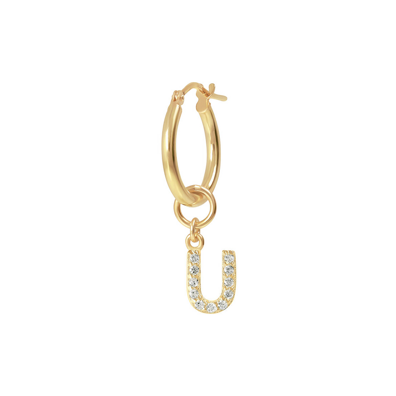 Boucle d'oreille pendante dorée avec lettre pavée en zircone cubique