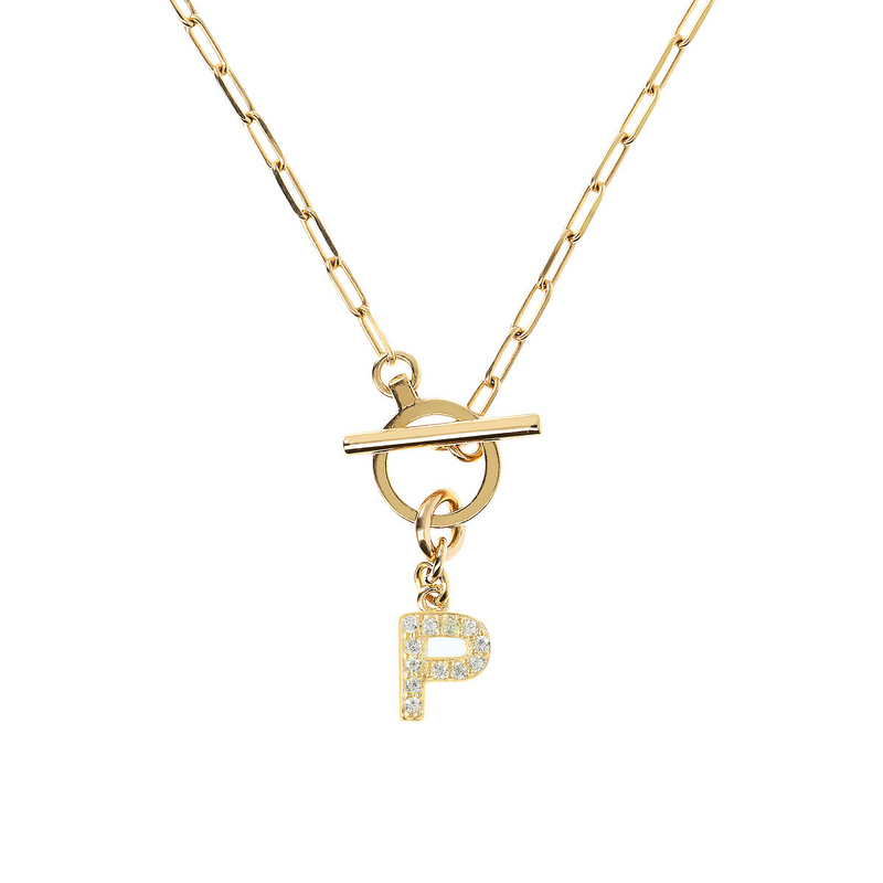 Golden Forzatina Chain Necklace with Pavé Letter Pendant in Cubic Zirconia
