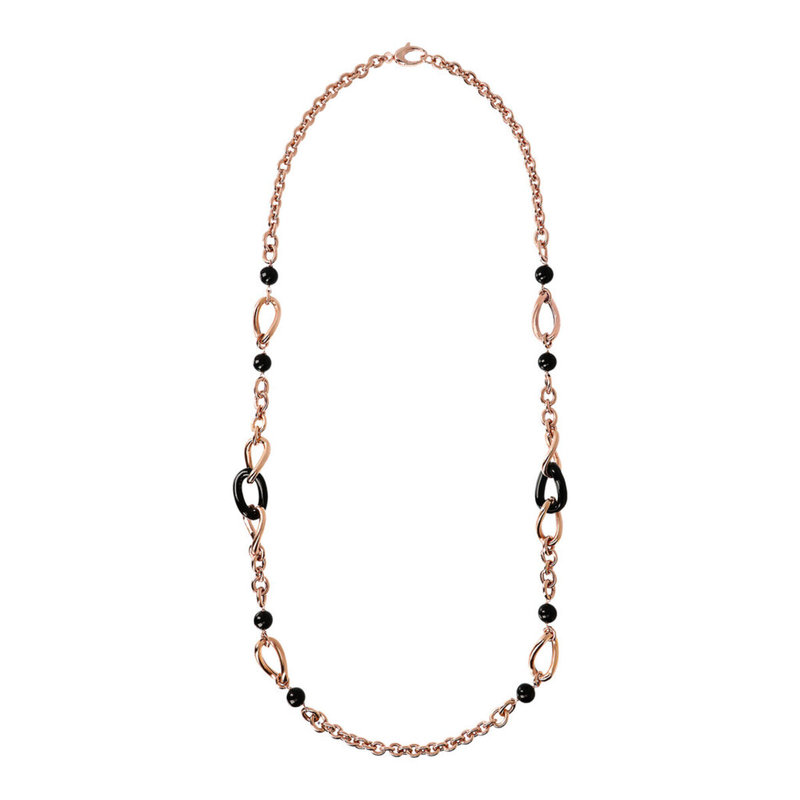 Long Necklace with Golden Rosé Twisted Elements and Natural Stones