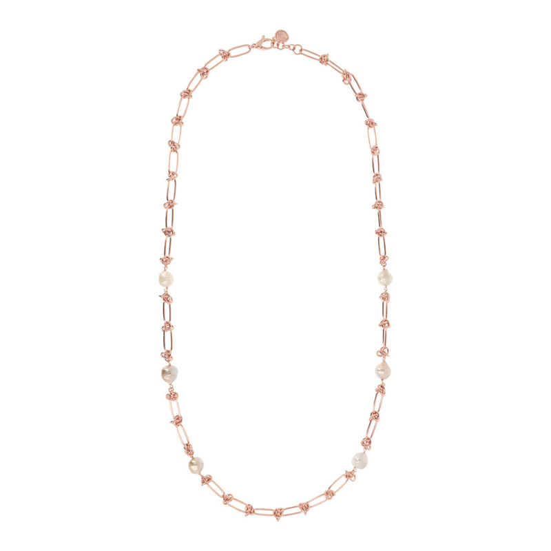 Long Necklace with Oval and Round Chain and Freshwater Cultured Pearls Ø 10/12 mm