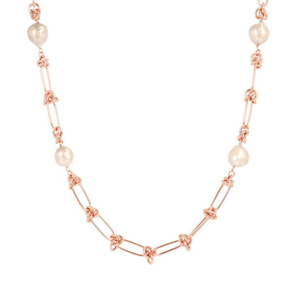Long Necklace with Oval and Round Chain and Freshwater Cultured Pearls