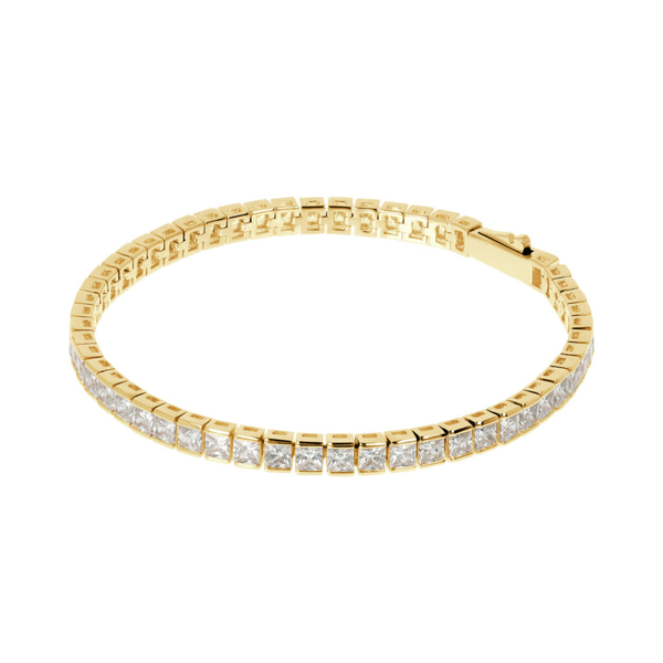 Golden Tennis Bracelet with Cubic Zirconia Square Shape