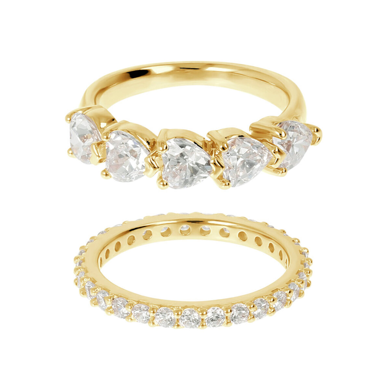 Set of Rings with Golden Cubic Zirconia Hearts