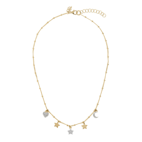Golden Necklace with Charms and Pavé in Cubic Zirconia