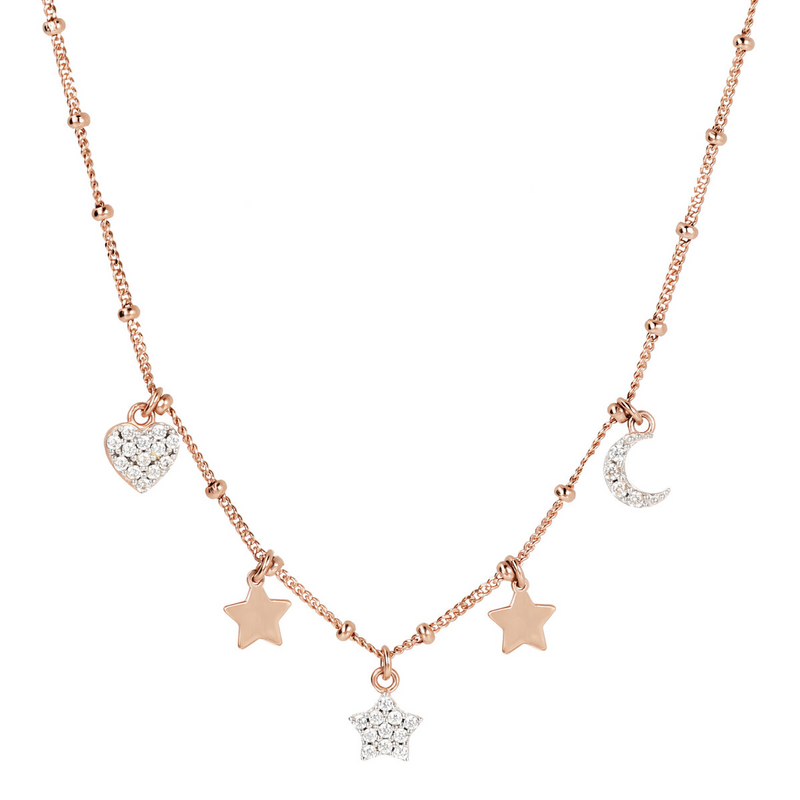 Necklace with Golden Rosé Charms and Pavé in Cubic Zirconia