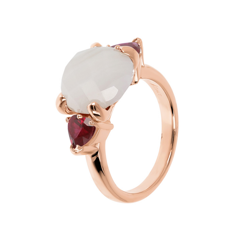 Cocktail Ring with Natural Stone and Cubic Zirconia Hearts