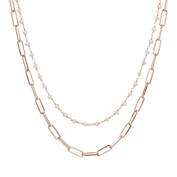 Mehrsträngige Halskette mit Gliedern und Kette aus weißen Süßwasserperlen Ø 3,5 mm