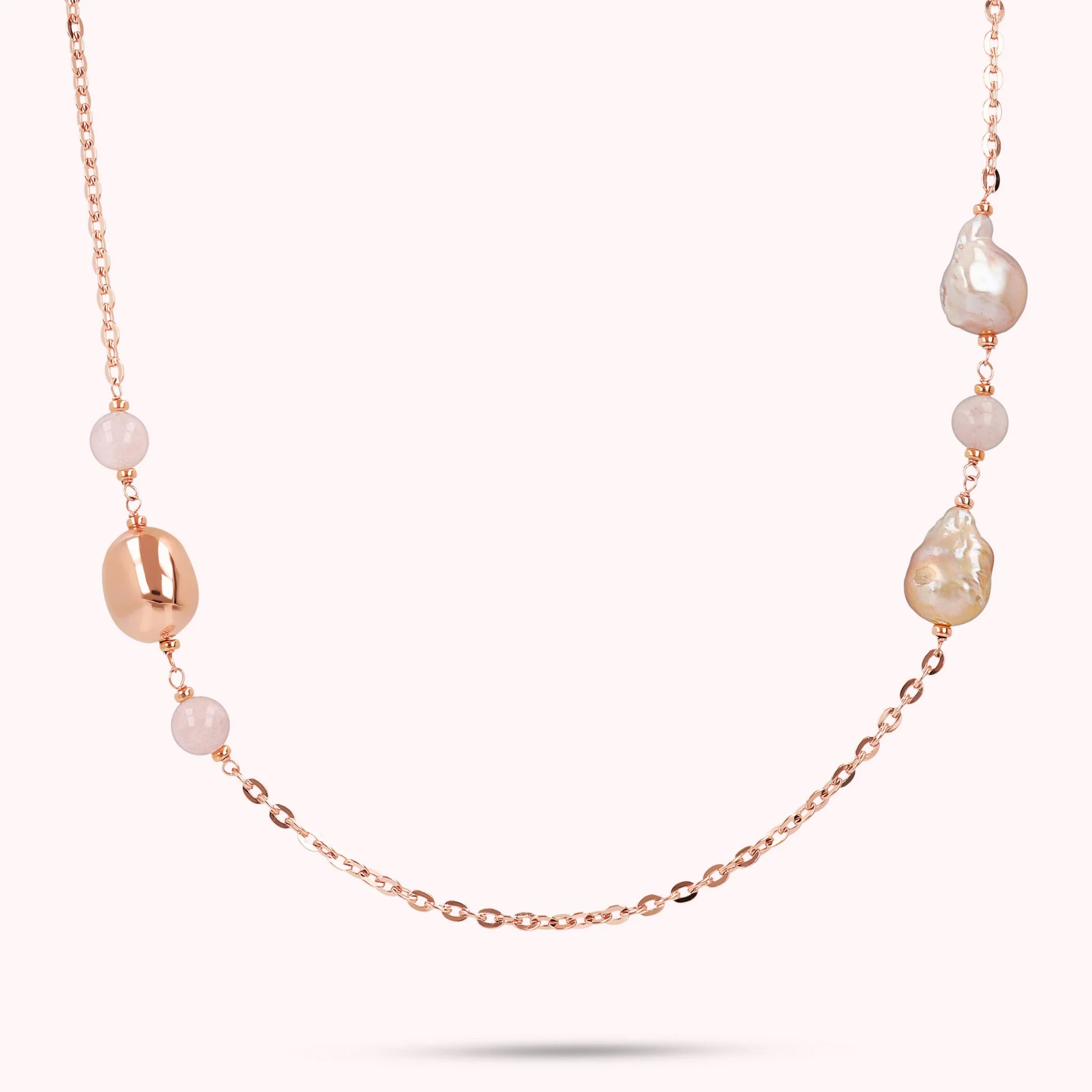 Collier long avec quartz rose, pépites et perles d'eau douce Ø 12/14 mm